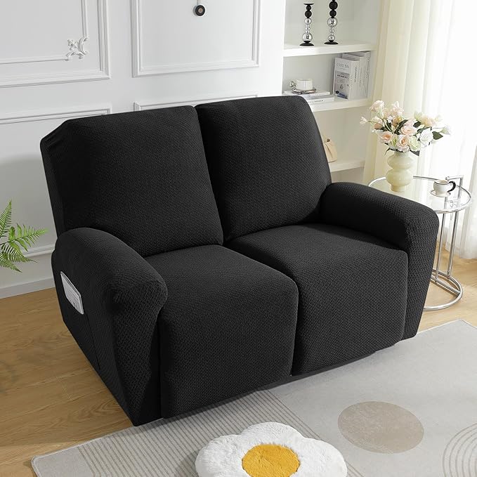 JIVINER 6-Piece Loveseat Recliner Slipcover Stretch Jacquard Recliner Sofa Cover 2 Seater Washable Reclining Couch Cover with Pocket Fitted Furniture Protector Cover (Loveseat Recliner, Black)