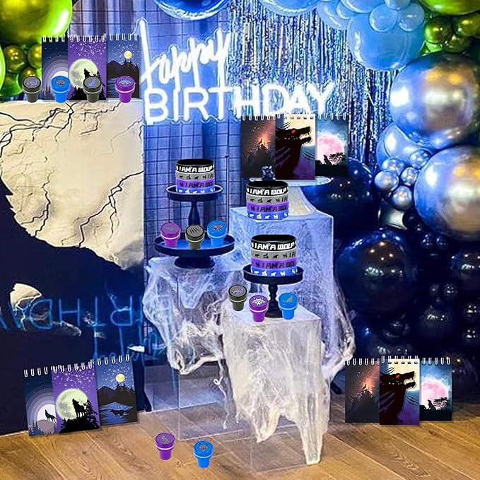 48 PCS Wolf Party Favors, Wolf Birthday Party Favors with 12 Wolf Button Pins, 12 Mini Notebooks, 12 Stampers and 12 Rubber Bracelets for Birthday Party Baby Shower Holiday