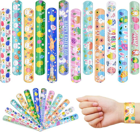 48 Pieces Easter Slap Bracelets Bulk Party Favors for Kids - 12 Designs Spring and Easter Themed Snap Bands, Classroom Exchanges, Goodie Bag Fillers Stuffers, Wrist Decorations Gifts Prizes Supplies