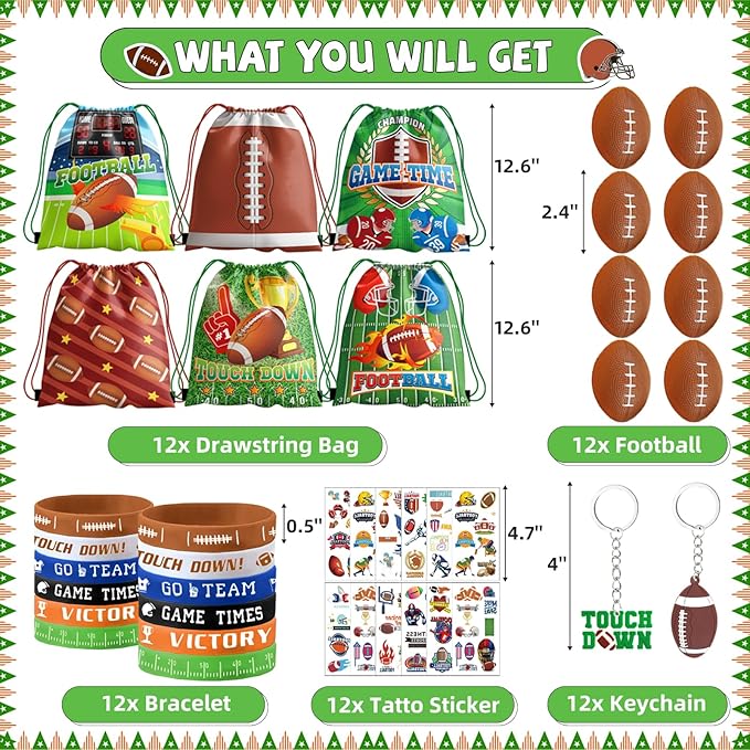 60pcs Football Party Favors, Football Goodie Bags Football Gift Bags Stuffers for Boys Includes Drawstring Bags Bracelet Keychain Tattoo Stickers Mini Football for Football Birthday Party Supplies