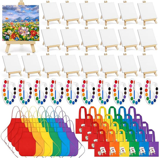 Aodaer 96 Pieces Mini Watercolor Paint Set Include 12 Colors 4 x 4 Inch Watercolor Paints, Wooden Canvas Easels, Canvas Tote Bags, Aprons, Back to School Art Beginner Supplies for Painting