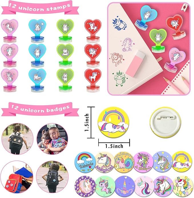 78 PCS Unicorn party Favors Girls Unicorn Birthday Supplies with Bracelets Necklaces Rings Keychains Badges Bookmarks Notebooks Goodie Bags Fillers for Birthday Party Prizes Unicorn Pinata Stuffers