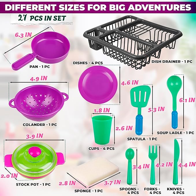 Kids Play Dishes for Kids Kitchen Playset Accessories - 27Pcs Kitchen Toy Dishes for Kids Kitchen Accessories Kids Play Plates and Bowls Sets - Kids Dishes Playset for Outdoor Play Kitchen Accessories