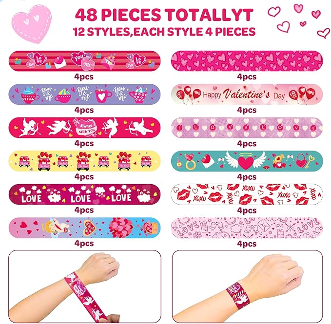 48PC Valentines Slap Bracelets for Kids, Party Favors & Goodie Bag Fillers, Valentine’s Day Gifts for Students & Classrooms
