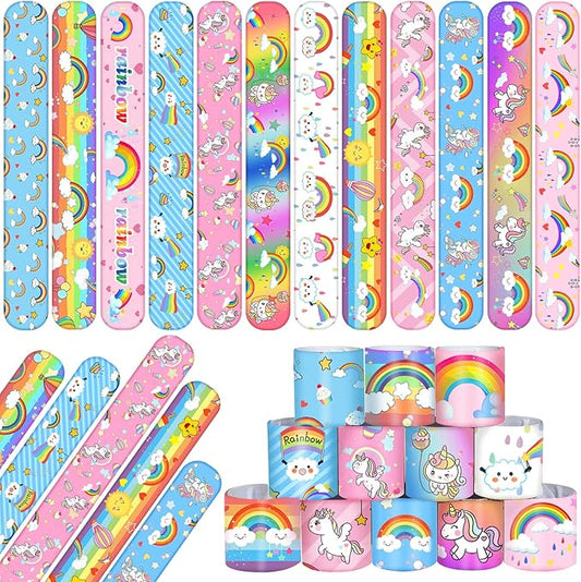 48PCS Rainbow Party Favors Rainbow Unicorn Slap Bracelets Wristbands for Rainbow Unicorn Birthday Decorations Supplies Goodie Bag Fillers for Boys Girls