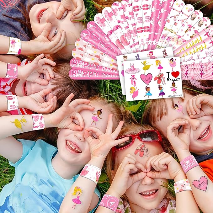 48PCS Ballerina Party Favors - 24PCS Tattoos & 24PCS Slap Bracelets - Birthday Party Supplies, Gifts, Classroom Prizes, Carnival Rewards, Christmas Decorations for Girls & Boys