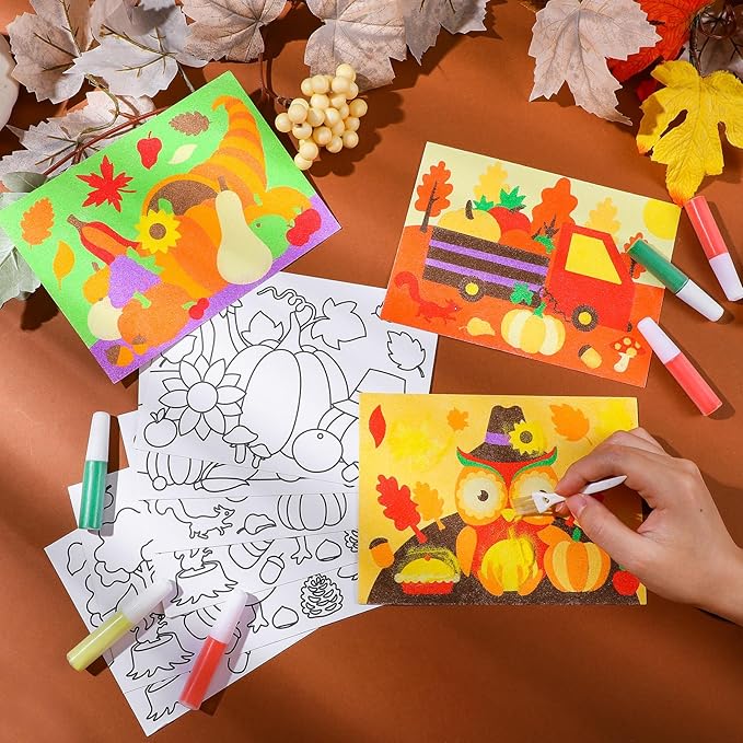 30 Sets Fall Thanksgiving Sand Art Kits for Kids DIY Fall Harvest Craft Sand Painting Colored Sand Art Painting Cards Set for Children DIY Arts Fall Theme Educational Learning Activities