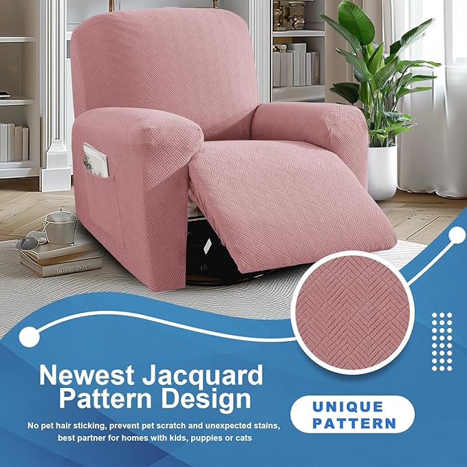 JIVINER 3 Piece Oversized Recliner Covers for Large Recliner with Pockets Stretch Jacquard Lazy Boy Reclining Couch Cover Soft Furniture Couch Protector with Elastic Bottom (1 Seater-XL, Dusty Pink)