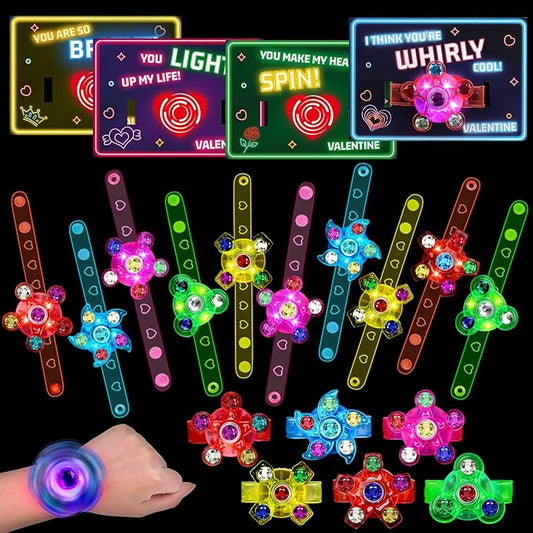 24PCS LED Light Up Fidget Spinner Bracelets Valentine Day Cards for Kids School Classroom Funny Valentines Exchange Gifts for Toddler Boy Girl Valentine’s Party Favors Bulk Treat Bag Stuffers