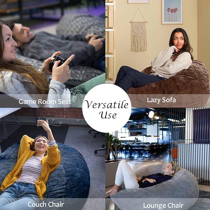 BCU Oversized Bean Bag Cover Comfy Beanbag Chair for Adults Without Filler Faux Fur Floor Chair Lazy Sofa Cover Comfy for Living Room Chairs, Dark Blue, 5FT