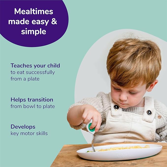 doddl Baby and Toddler Plate, Non-Slip Base, Ergonomic Toddler Dishes for Self Feeding, 1-3 Year Olds, Dishwasher Safe, BPA Free (White & Aqua)