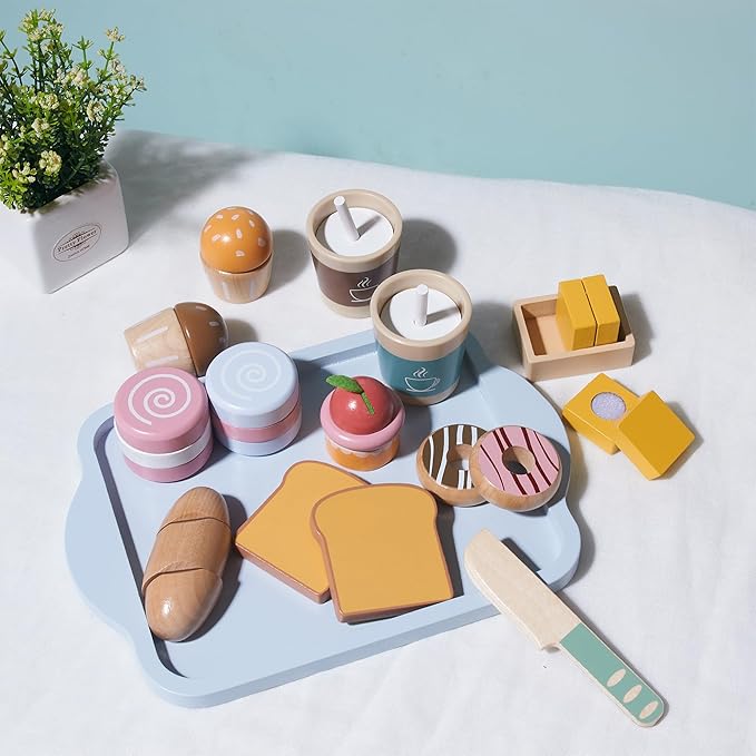 21pcs Wooden Breakfast Set Kids Pretend Play Toy Kitchen Accessories, Toddler Kitchen Playset with Coffee, Dessert, Cutting Bread, Butter, Wooden Toy Food Set Boys & Girls Birthday Gift