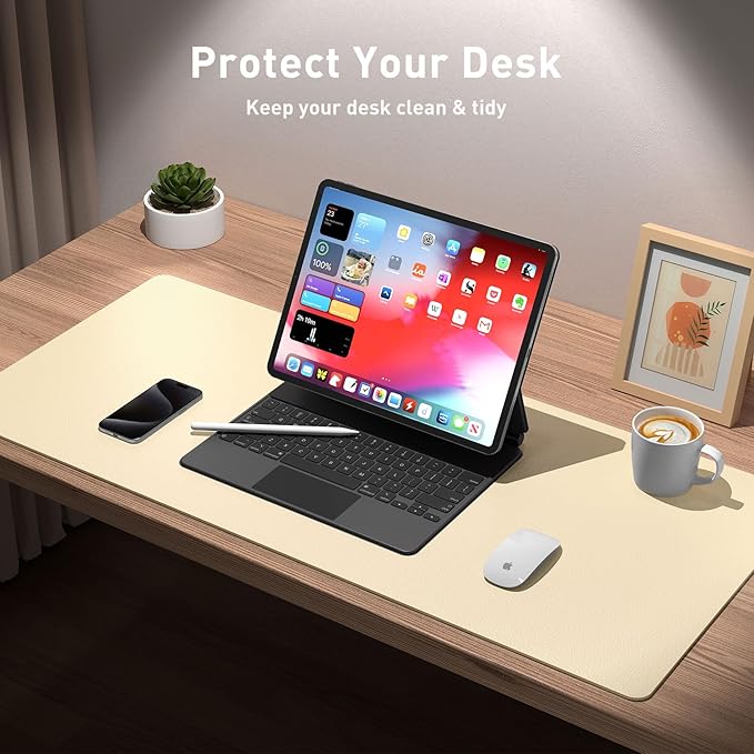 Aothia Leather Desk Pad Protector, Mouse Pad, Office Desk Mat, Non-Slip PU Leather Desk Blotter, Laptop Desk Pad, Waterproof Desk Writing Pad for Office and Home (36" x 17", Soft Yellow)
