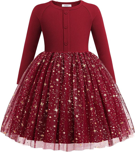 Arshiner Toddler Girls Tutu Dress Long Sleeve Fall Winter Button Front Party Tulle Dresses 2-8Y