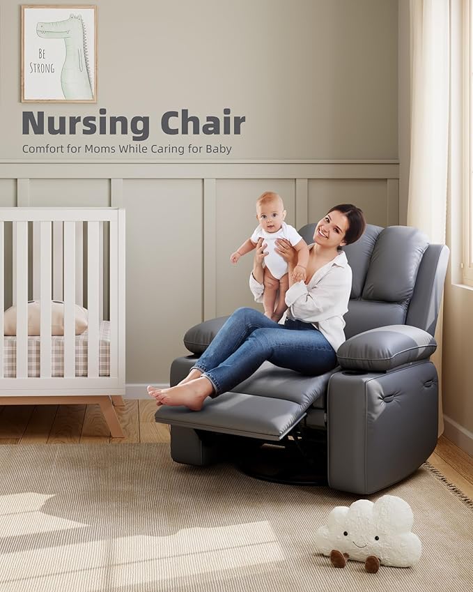 27'' Leather Recliner Chair Oversized, Overstuffed Manual Recliner Chair, Single Sofa for Adults, with Cup Holder and Side Pockets, for Living Rooms, Max Weight 400 lbs, Gray