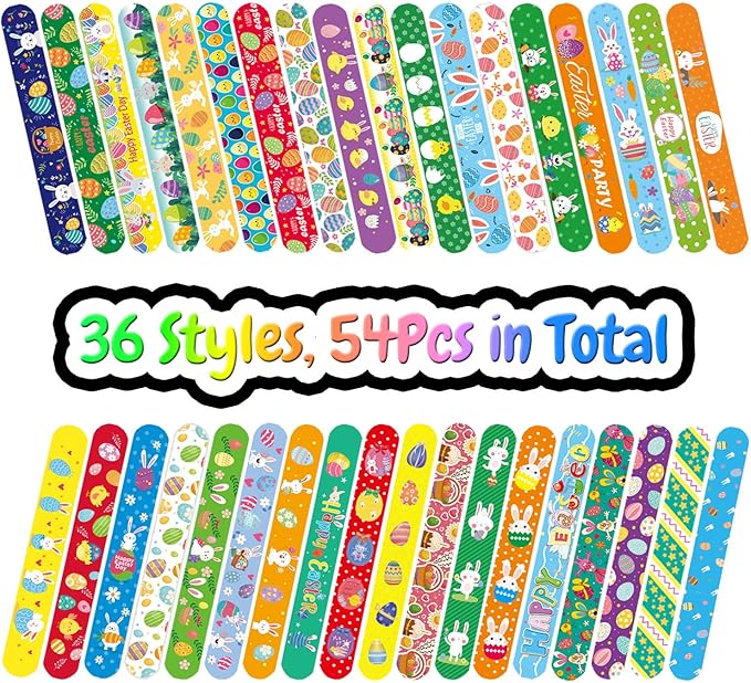 54Pcs Easter Slap Bracelets, Easter Basket Stuffers, Easter Egg Fillers, Easter Egg Hunt Event, Party Favors for Kids, Classroom Prizes Boys Girls School Supplies