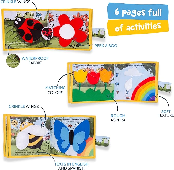 Just Imagine Bilingual Soft Book for 1 Year Old Babies | Written in English and Spanish | Sensorial Felt Book for Babies | Carry on Travel Play and Learn Sensory Toys | Early Child Development.