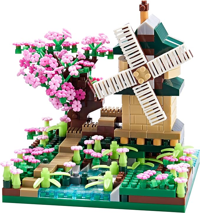 Architecture River Windmill Building Model Kit Micro Block Set Mini Blocks 600+ PCS with 2 Figure