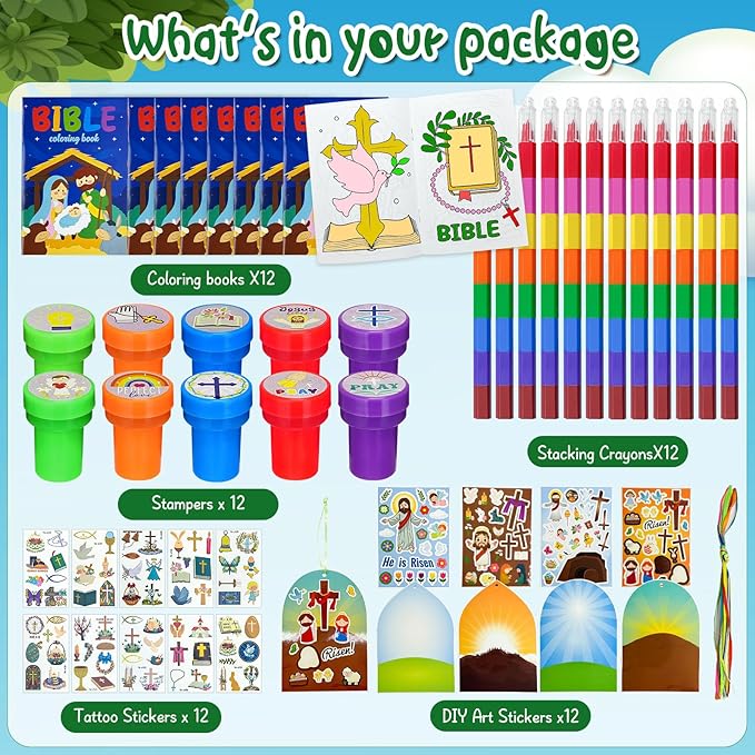 60 Pcs Easter Religious Party Favors,Christian Easter Basket Goodie Bag Stuffers,Easter Coloring Books with Stacking Crayons Bulk, Novelty Prizes DIY Scenes Stickers for Bible School Preschoolers