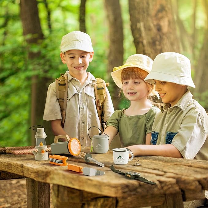 Kids Camping Set 45Pcs with Children’s Shinning Flashlight&Carrying Bag - Outdoor Campfire Toys Set for Toddlers- Cutting Food for Play Kitchen Gear Tools Indoor Outside Boys Girls Birthday Xmas Gifts