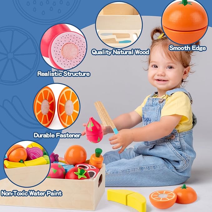 32 Pcs Wooden Play Food Sets for Kids Kitchen Accessories, Montessori Educational Toys Food, Pretend Play Food for Toddlers, Velcro Fruits and Vegetables Cutting Set for Kids Boys Girls