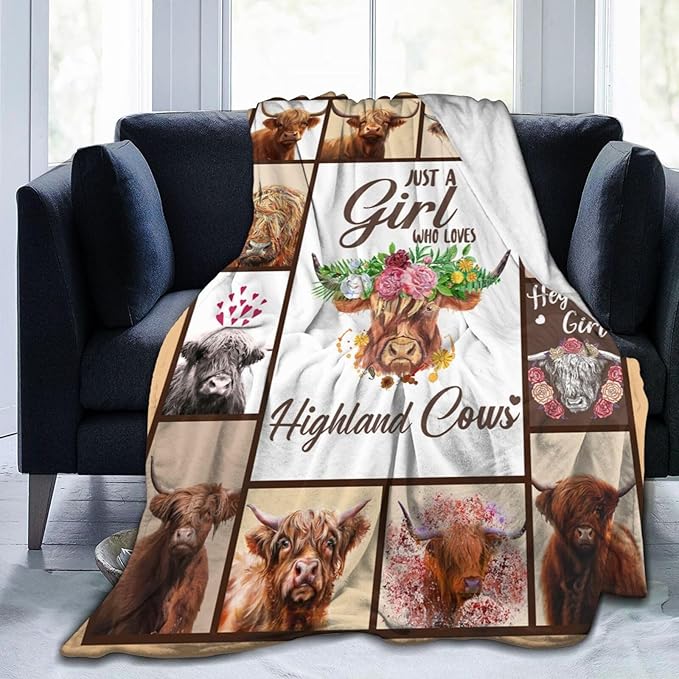 Just A Girl Who Loves Highland Cows Throw Blanket Cute Highland Cattle Fleece Plush Soft Cozy Cartoon Farm Cow Animal Gifts Blanket for Kids Girls Adults Couch Bed Chair Office Dorm Decor 40''X50''