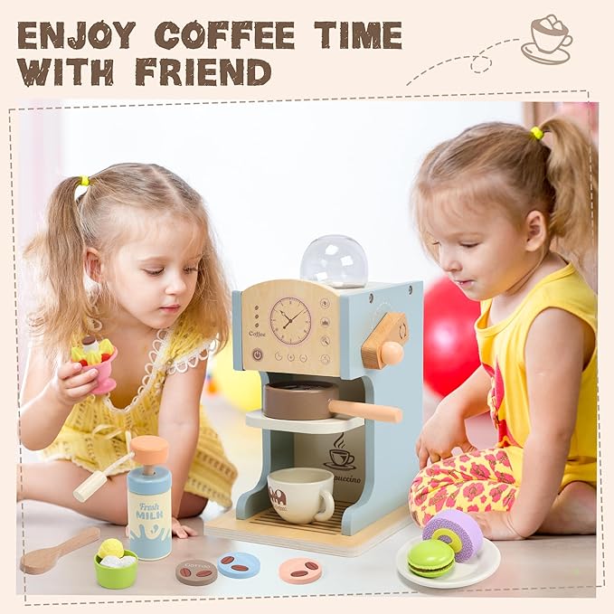 Kids Coffee Playset Kitchen Toys，Wooden Coffee Maker Toy Set with Play Kitchen Accessories, Pretend Play Coffee Set for Kids Girls Boys