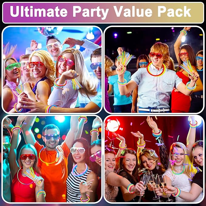 325 Pcs Glow in the Dark Party Supplies,Light Up Party Favors With 300 Pcs Glow Sticks Bracelets & 25 Pcs LED Glasses,Neon Party Favors for Glow Party Wedding Concert Halloween Raves Birthday