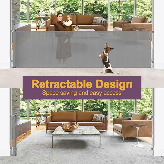 42" Tall X 200" Extra Wide Retractable Gates, Extra Tall Baby Gate for Large Openings Tall Mesh Gate Extra Long Dog Gates Indoor Pet Gate for Dogs or Kids Large Outdoor Retractable Deck Gates, Gray