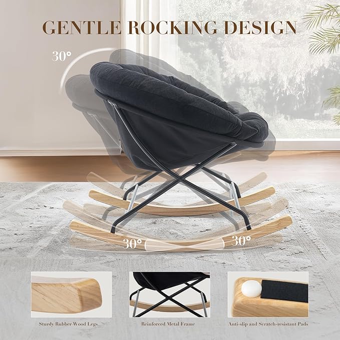 COLAMY Rocking Chair Nursery, Upholstered Glider Rocker Accent Chair Saucer Armchair with Comfy Cushions, Wood Base and Metal Legs for Living Room, Bedroom, Office, Black
