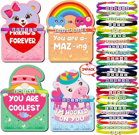 24Pack Kids Valentines Day Cards, Valentine Cards with Bead Bracelets, Valentines Day Gifts for Kids Classroom Prizes, Valentine School Exchange Gifts, Valentine’s Day Class Favors, Friendship Cards