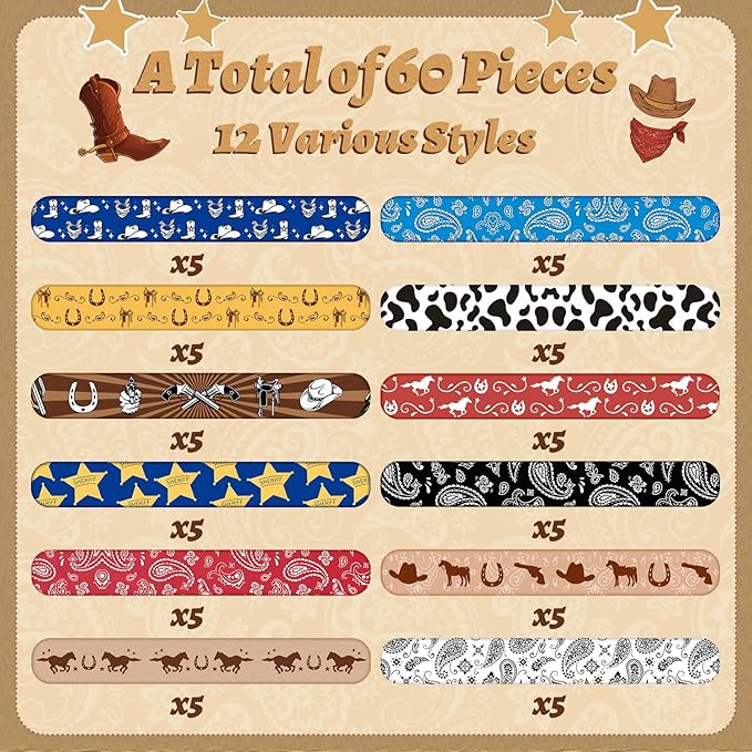 60PCS Western Party Favors Slap Bracelets Cowboy Cowgirl Bracelets Horse Wristbands for Western Themed Party Baby Shower Kids Birthday Party Supplies Decorations