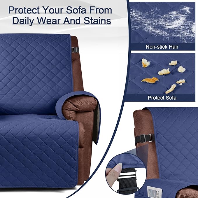 KinCam 100% Waterproof Recliner Chair Cover, Reclining Couch Covers for Pets, Dogs, Recliner Couch Slipcover Furniture Protector with Elastic Straps for Kids(30", Blue)