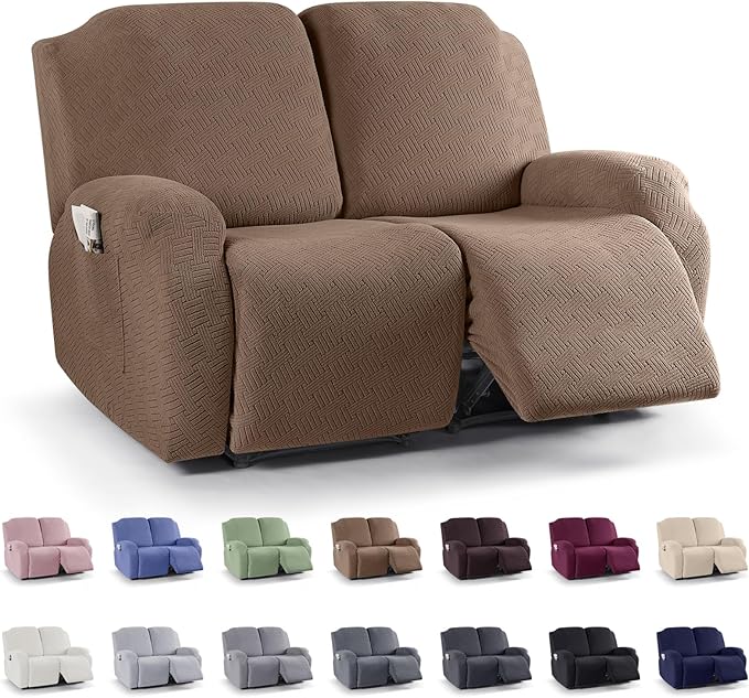 KinCam Recliner Covers, Stretch Reclining Chair Covers, Recliner Sofa Slipcovers Stripe Jacquard Recliner Couch Covers Furniture Protector Covers for Pet Kid (2 Seater, Light Coffee)