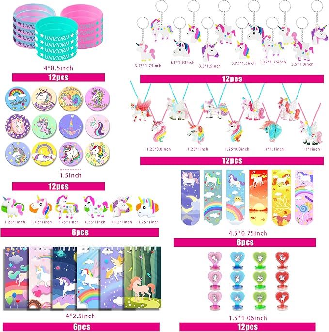78 PCS Unicorn party Favors Girls Unicorn Birthday Supplies with Bracelets Necklaces Rings Keychains Badges Bookmarks Notebooks Goodie Bags Fillers for Birthday Party Prizes Unicorn Pinata Stuffers