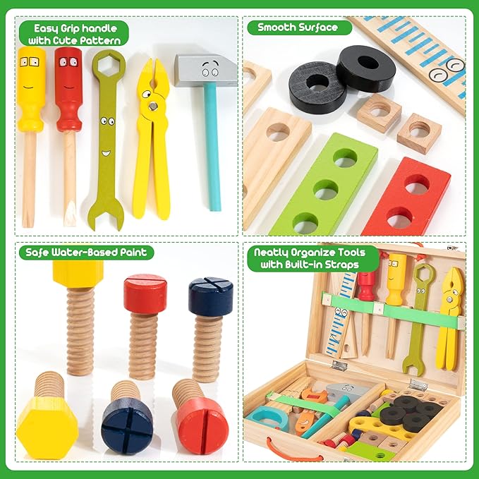 Bravmate Toddler Tool Set with Portable Tool Box & DIY Stickers, Wooden Kids Tool Sets for Boys Girls Age 2-4, STEM Montessori Educational Preschool Toys, Birthday Gifts for 3+ Years Old