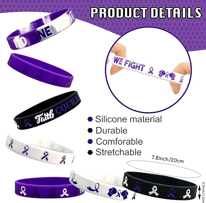 60 Pcs Purple Ribbon Awareness Accessories Stuff Include Purple Ribbon Silicone Bracelet Rubber Wristband and Button Badges Pins for Animal Abuse, Alzheimer's Pancreatic Cancer Gifts Party Supplies