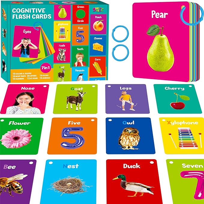 50 PCS Early Learning Flashcards, 7 in 1 Double Sided Cards- Alphabet, Numbers, Foods, Animals, Shapes, Colors with 2 Reclosable Rings, Learning Tool for Pre-K Kindergarten Toddlers