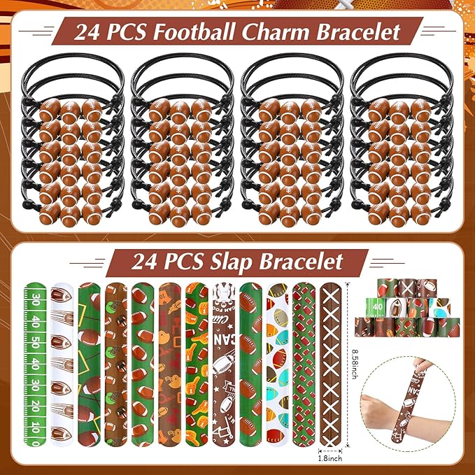 Aoriher 120 Pcs Football Sport Balls Party Favors Set Serve 24, Football Goodie Foam Finger Mini Stress Ball Slap Bracelet Charm Bracelet Stamp for Kids Party Supplies