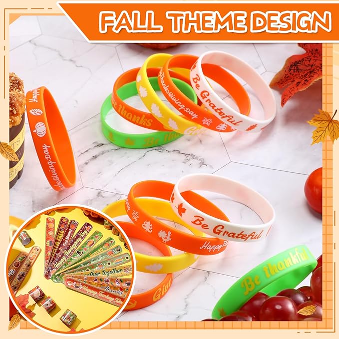 240 Pcs thanksgiving Party Favors thanksgivingSlap Bracelets for Kids Rubber Wristbands Bulk Silicone Bracelets Assorted thanksgiving Party Supplies for Boys Girls Prize Gifts Treat Filler