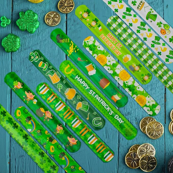 48pcs St. Patrick's Day Slap Bracelets, Lucky Shamrock Kids Snap Wristbands Toys for Irish St. Patty Party Supply