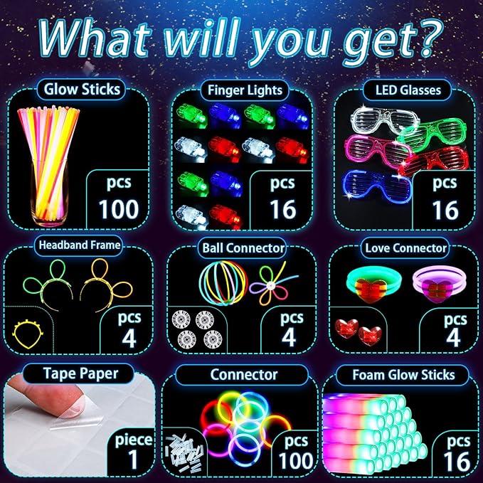 161 Pcs Glow in the Dark Party Supplies, Light Up Party Favors with 100 Glow Sticks, 16 Foam Glow Sticks, 16 Led Glasses, 16 Finger Lights for Glow Party, Wedding Christmas New Year Neon Party favors