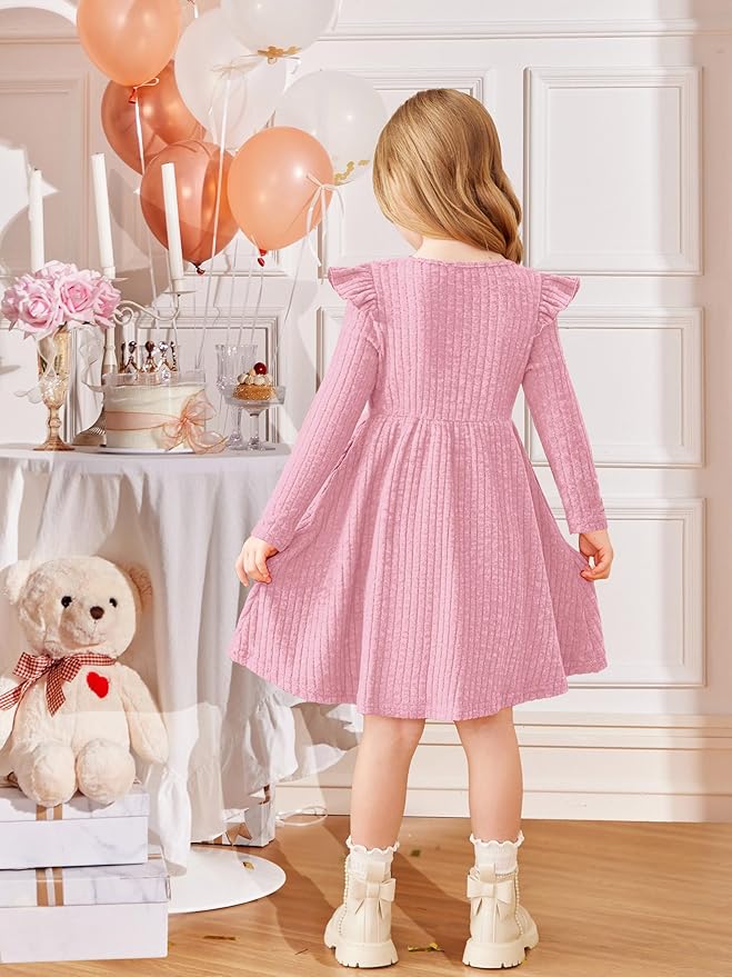 Arshiner Toddler Girl Dress Baby Girls Knitted Ruffle Sleeve Pocket Dresses A-Line Flared Fall Winter Clothes for 2-8 Years