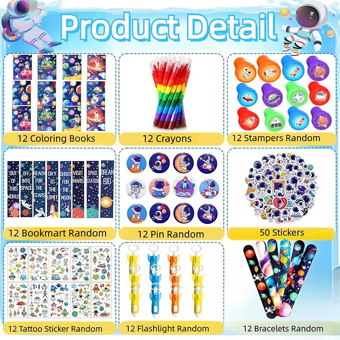 146Pcs Space Themed Coloring Books with Crayons Bulk Outer Space Party Favors for Toddlers Kids 3-5 4-8 Tattoo Stickers Stamper Slap Bracelet School Classroom Reward Gift Goodie Bag Birthday Supplies