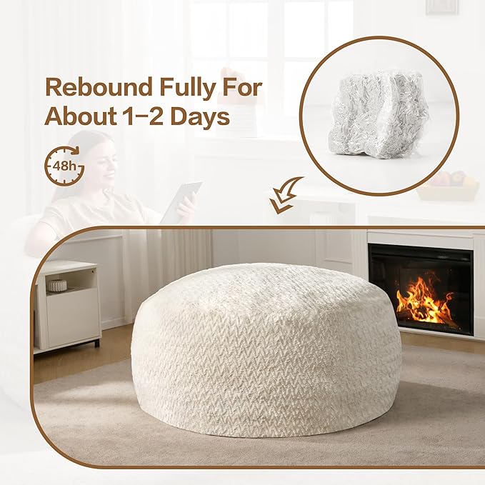5ft Bean Bag Chairs for Adults Large Beanbag Chair with Chevron Plush Fur Cover Big Bean Bag Chair for Living Room Bedroom Dorm Office - White (50” x 50” x 24”)