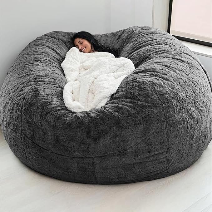 Giant Fur Bean Bag Chair Cover for Kids Adults, (No Filler) Living Room Furniture Big Round Soft Fluffy Faux Fur Beanbag Lazy Sofa Bed Cover (Grey, 5FT)