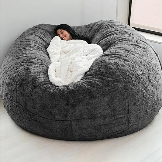 Giant Fur Bean Bag Chair Cover for Kids Adults, (No Filler) Living Room Furniture Big Round Soft Fluffy Faux Fur Beanbag Lazy Sofa Bed Cover (Grey, 5FT)