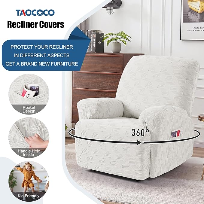 TAOCOCO Oversized Recliner Cover Stretch Recliner Chair Covers, Jacquard Reclining Chair Cover, Furniture Protector Sofa Slipcovers Couch Covers with Elastic Bottom for Kids, Pets(Cream White)