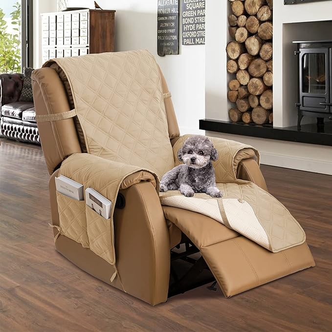 TOMORO Non-Slip Oversized Recliner Cover, 100% Waterproof Quilted Recliner Chair Slipcover Furniture Protector with Pockets, Washable Couch Cover with Elastic Straps for Kids and Pets