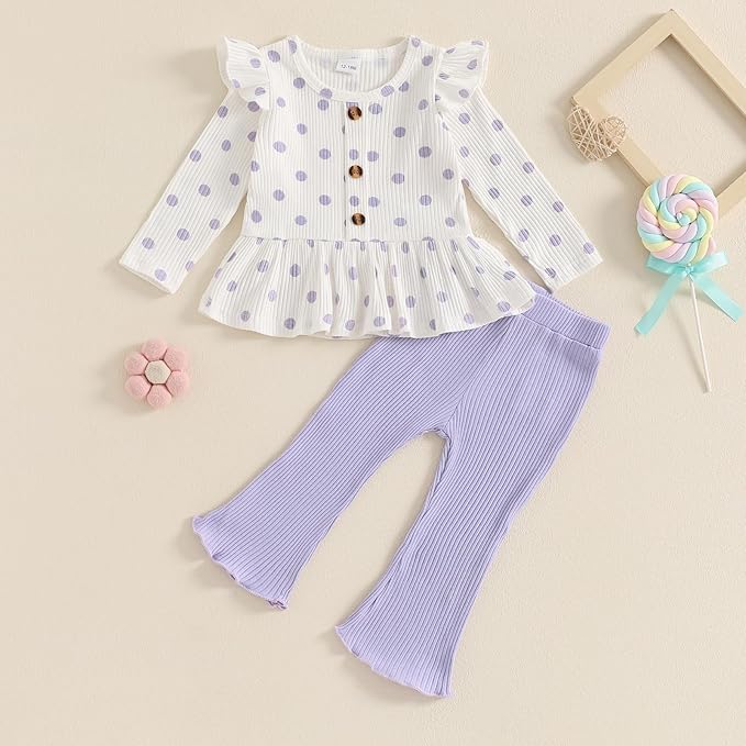 Mubineo Toddler Baby Girl Clothes Cute Ribbed Outfits Knit Long Sleeve Shirt Tops Bell Bottom Pant Fall Winter Outfit